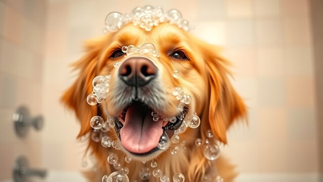 Playful golden retriever covered in soap bubbles, exuding joy against a soft pastel background.