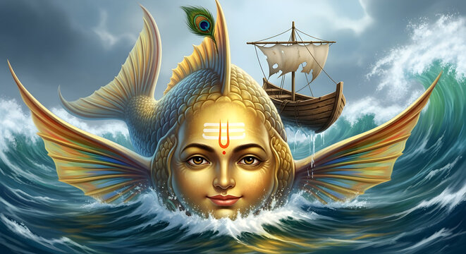 Hindu Matsya avatar of Vishnu as divine fish saving humanity during great flood