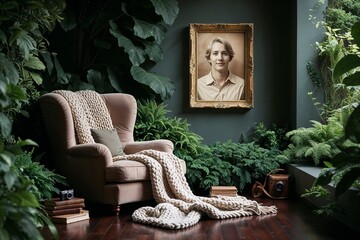 Cozy armchair surrounded by greenery and vintage portrait