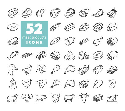 Meat Products Vector Outline Icon Set