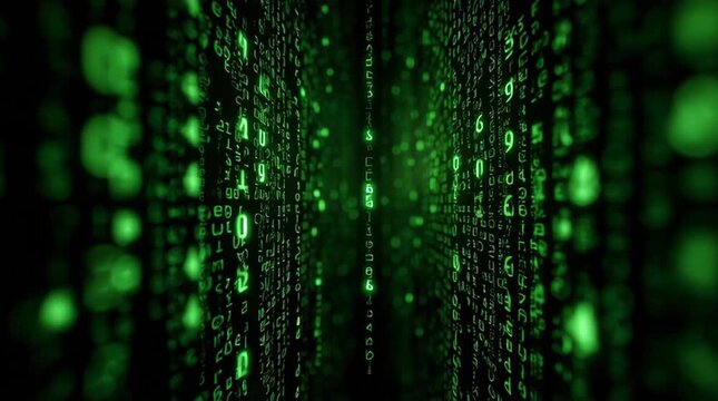 A mesmerizing abstract representation of digital data, showcasing green binary code in a futuristic, matrix-like environment.