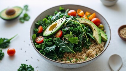 Healthy quinoa salad with vegetables and avocado served in a bowl