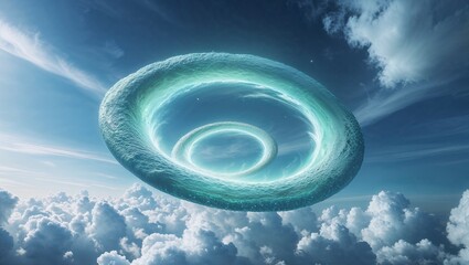 Vibrant rings of light hovering above fluffy clouds in blue sky