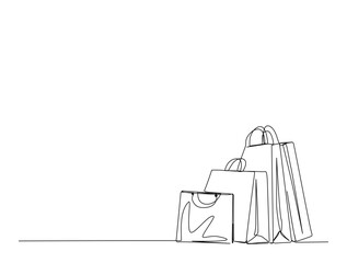 Shopping bags in single line draw illustration. Continuous one line drawing of Shopping paper bags. Editable stroke.