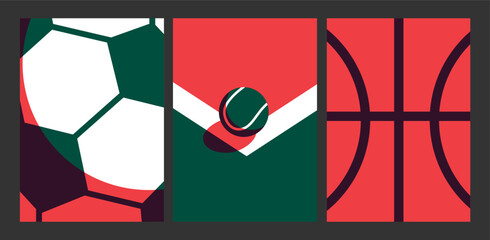 vibrant sports collage featuring soccer, tennis, and basketball minimalistic modern art cards poster set