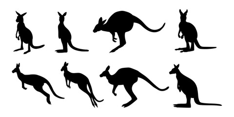 Vector set of kangaroo silhouettes in side view, featuring various jumping and standing poses, isolated on white background.