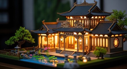 Traditional Wooden Japanese Temple Model with Illuminated Windows and Lush Garden Setting