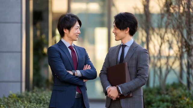 男性が二人で屋外の笑顔ビジネス写真