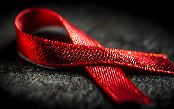 Closeup red ribbon HIV, world AIDS day awareness ribbon on black background. Healthcare and medicine concept.