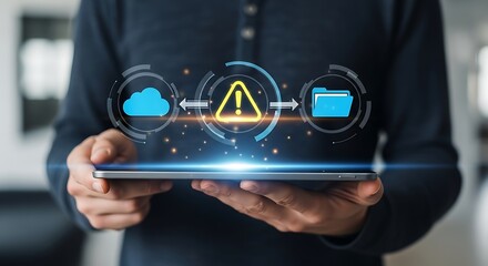 Man Holding Tablet with Cloud Security Icons Floating Above Screen