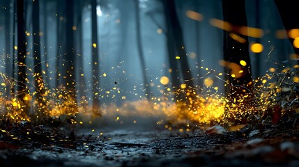 Magical, long-exposure photo of a forest clearing at dusk, filled with thousands of twinkling, glowing yellow fireflies creating enchanting light trails.
