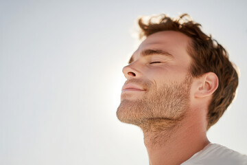 Fototapeta premium man meditates with closed eyes focusing on his breath before workout