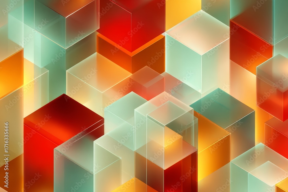 Poster a vibrant design of translucent cubes in warm, glowing colors, creating a dynamic and abstract compo