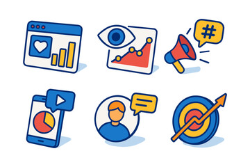 isometric social media marketing icons , engagement dashboard, view analytics, promo megaphone, video post, profile comment, target growth