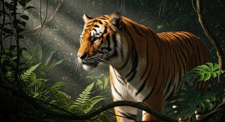 Obraz premium Majestic Bengal Tiger Roaming Through a Lush, Sun-Dappled Jungle Environment