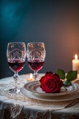Elegant table setting with wine, rose, and candles for intimate dinner