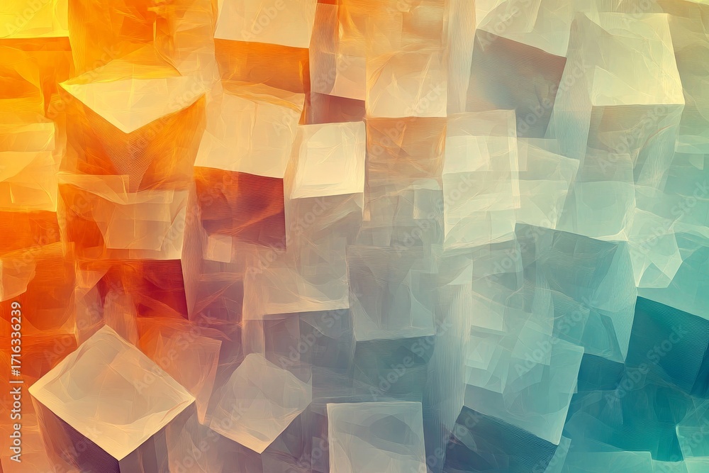 Poster a vibrant and layered design of overlapping cubes in warm and cool tones creates a dynamic abstract 