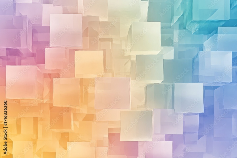 Poster a vibrant abstract design features a multitude of overlapping, translucent cubes, exhibiting a soft 