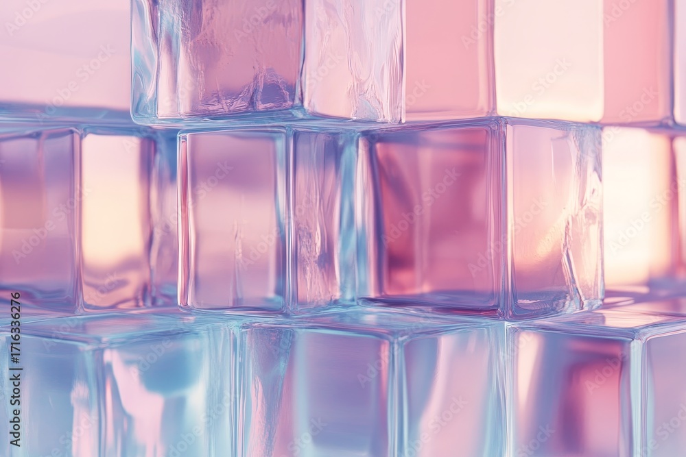 Poster a close-up view of many stacked, translucent square blocks, displaying a soft blend of pastel pink a