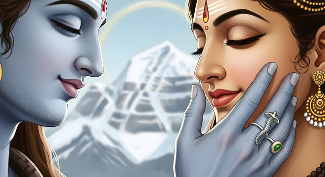 Hindu god shiva caressing goddess parvati with love