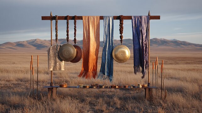Traditional Nomadic Display with Gongs, Draped Fabrics and Spears in Steppe Landscape