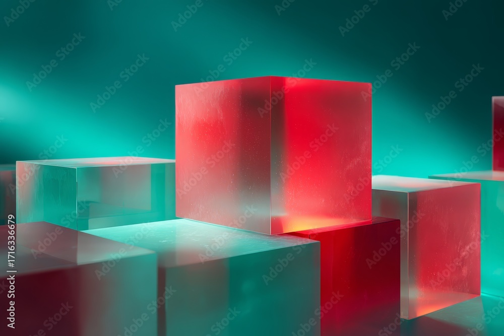 Poster multi-toned, translucent cubes arranged in an abstract display against a teal backdrop.