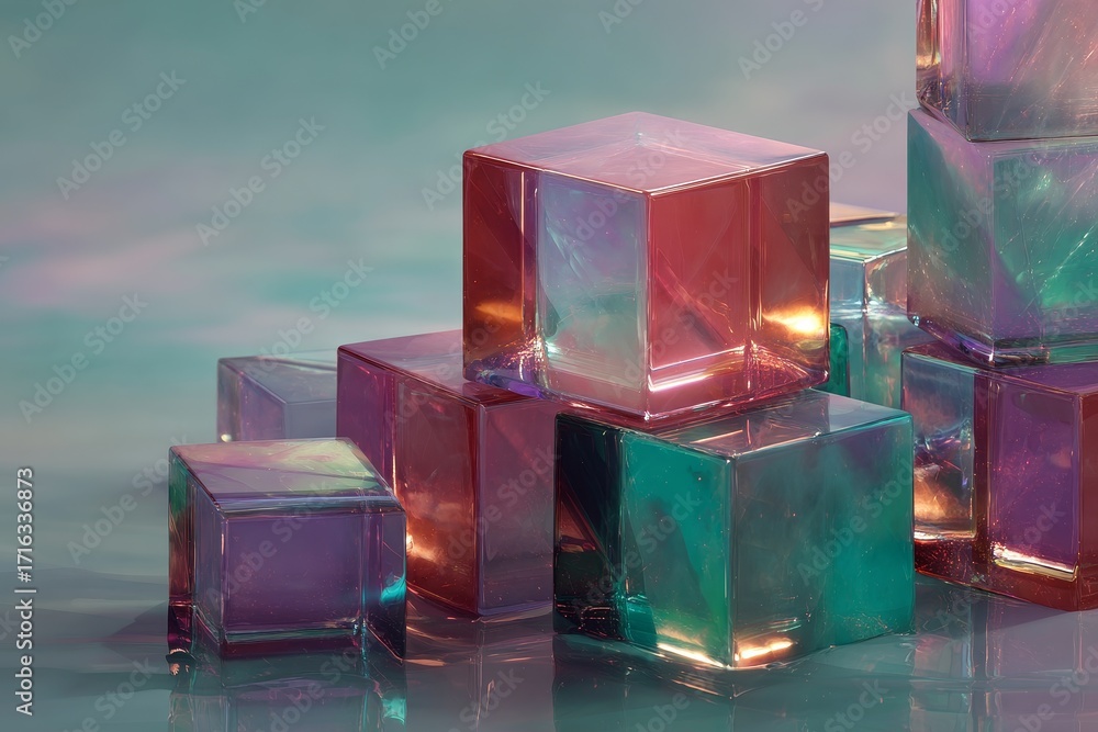 Poster multi-colored translucent cubes arranged in a stacked display, reflecting light and creating a vibra