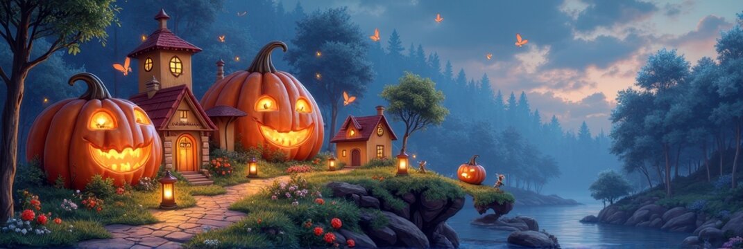 Whimsical pumpkin village at twilight with glowing jack-o'-lanterns and lanterns in enchanted forest landscape
