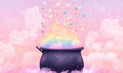 Magic cauldron brewing a colorful pastel potion with sparkling glitter and stars against pink clouds