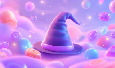 Witch hat floating amidst pastel candy and glowing bubbles, creating a whimsical halloween background