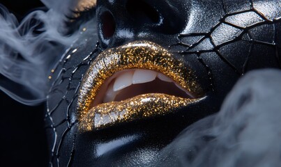 Woman's face painted black with golden glitter lips and smoke on a dark background