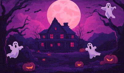 Spooky haunted house and flying ghosts with jack-o-lanterns under a big pink full moon