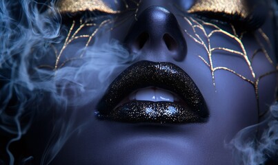 Woman wearing dark makeup with glitter lips and golden spiderweb patterns, exhaling smoke