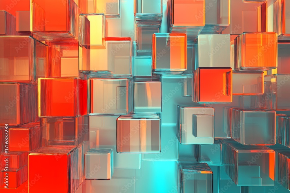 Poster a vibrant, abstract composition of translucent cubes in a variety of warm and cool tones creates a c