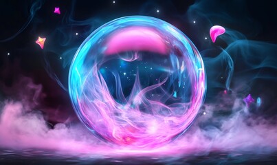 Crystal ball containing vibrant pink and blue swirling nebula, surrounded by magical smoke and floating stars