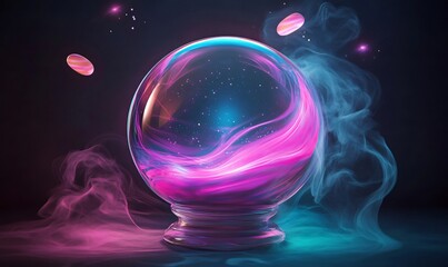 Crystal ball holding glowing pink and blue smoke on a dark fantasy background