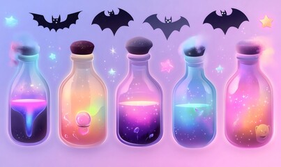 Magic potion bottles displaying various colors with bats and sparkling stars for halloween background