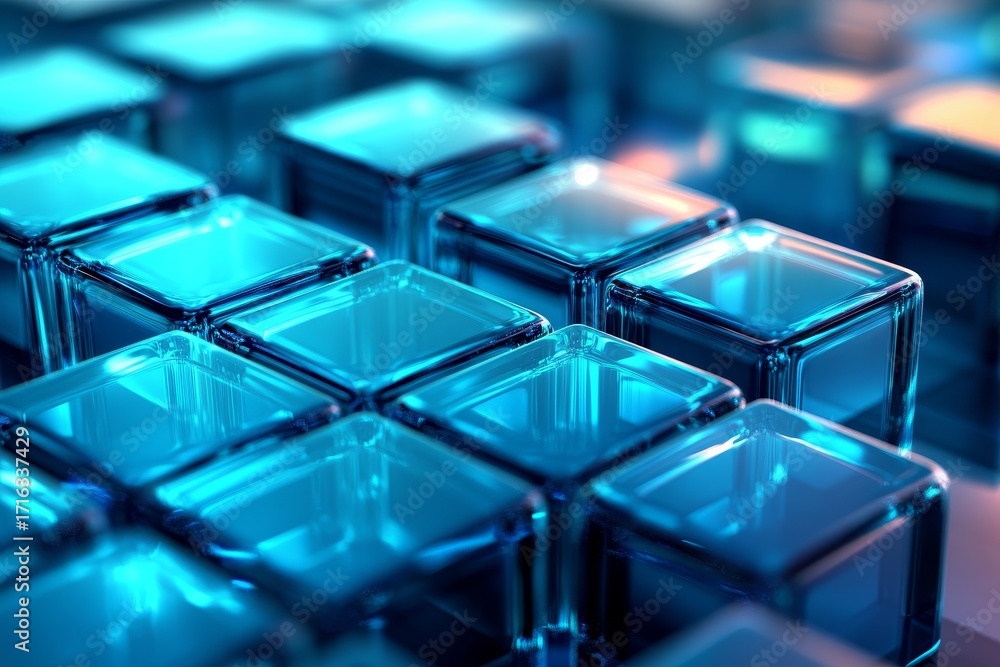 Poster a close-up view of many translucent, glossy blue cubes arranged in a grid pattern, showcasing a vibr