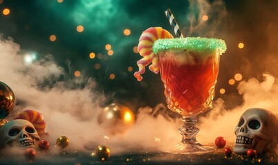 Spooky halloween cocktail with green sugar rim and candy garnish, surrounded by smoke and skulls