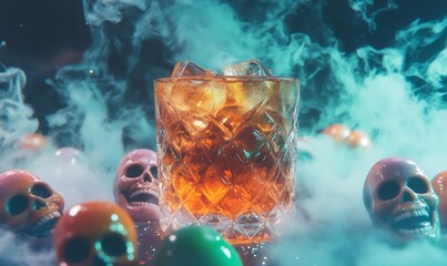 Beverage in a glass with ice cubes surrounded by skulls and mystical smoke, creating a spooky atmosphere
