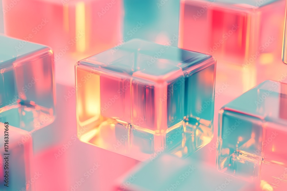 Poster a close-up view of translucent cubes, with vibrant, pastel colors and a glowing, soft light effect, 