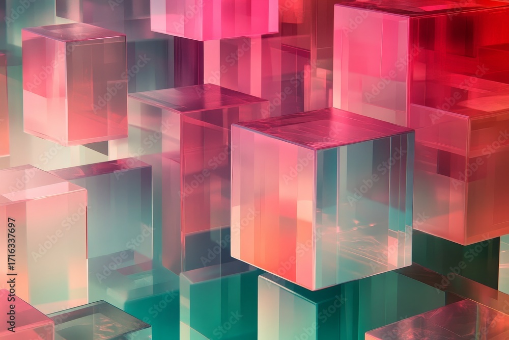 Poster a vibrant display of translucent cubes in various shades of pink, red, and teal, creating an abstrac
