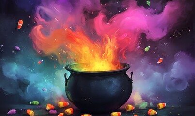 Halloween cauldron bubbling with colorful smoke and fire, surrounded by falling candy corn