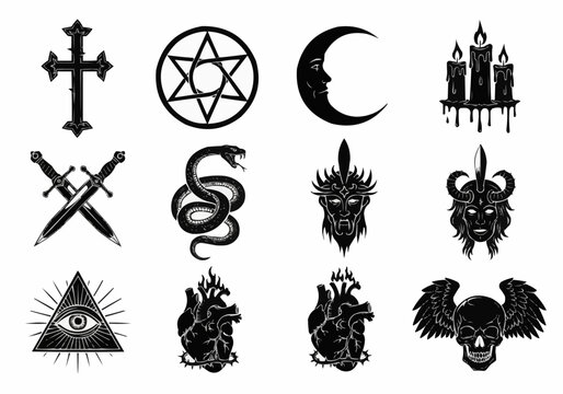 Set of black vector religious and occult symbols featuring cross, pentagram, crescent moon, snake, goat head, and spiritual iconography.