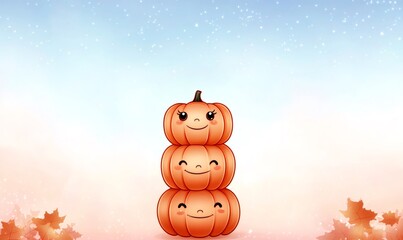 Stacked cute pumpkins creating a happy halloween and autumn background with maple leaves