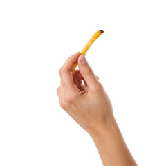 Isolated fry held by a hand against a pure space offering culinary simplicity