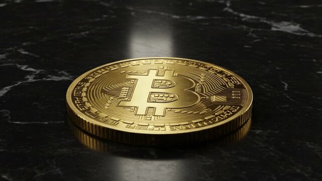 Stunning Close-up of a Bitcoin on a Dark Marble Surface, Showcasing Its Intricate Design and Shiny Gold Finish for Cryptocurrency Enthusiasts and Investors