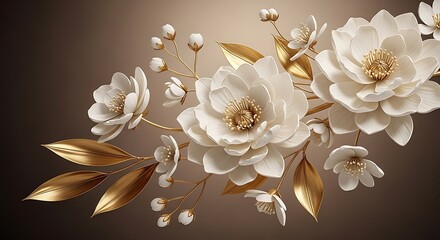 Elegant white and gold artificial flowers with delicate buds and leaves on a soft brown background