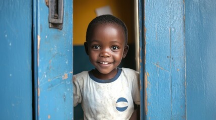 A child standing in the doorway of an orphanage, looking hopeful and eager to meet new friends.