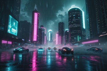 City skyline illuminated by neon lights with cars on a rainy night